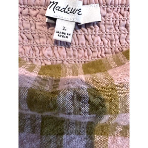 Madewell L Babydoll Gingham Dress Puff Sleeve Elastic Back Pink/Olive Green - Picture 6 of 8